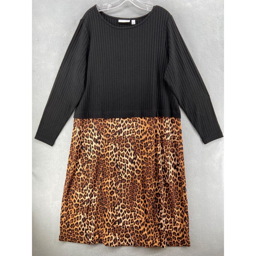 Susan Graver Dress Women SZ XL Black Cheeta Stretch Long Sleeves Ribbed Top